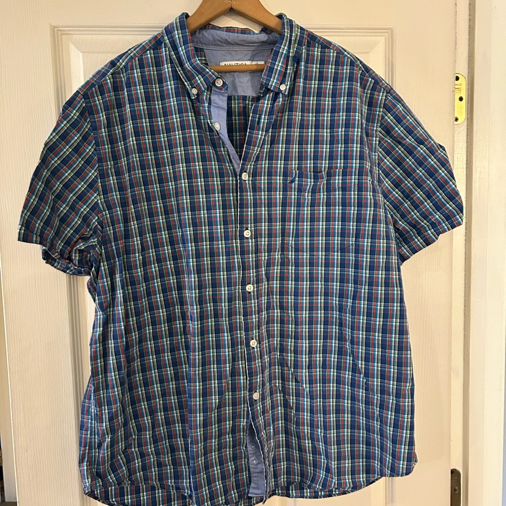 Nautica Men's Green and Blue Plaid Shirt